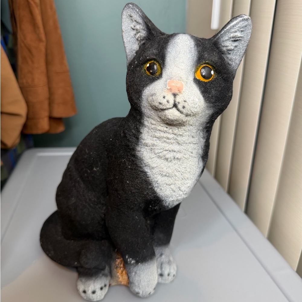 Vintage Kitty Breakable Piggy Bank Black White Cat Ceramic Faux Fur Figurine 12”